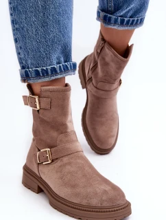 Botki Damskie Na Płaskim Obcasie Z Klamrami Ciemnobeżowe Bliggore