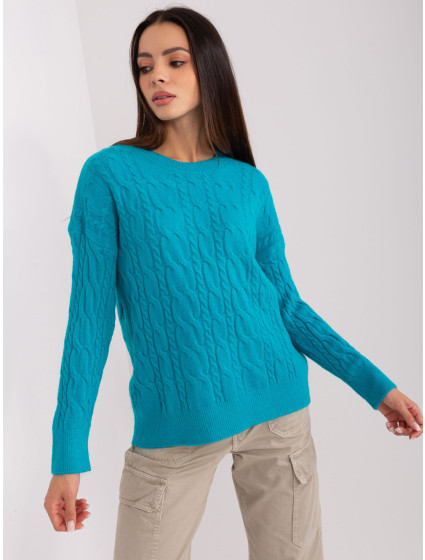 Tyrkysový sveter s káblami a manžetami