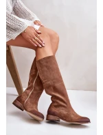 Zamszowe Kozaki Damskie Do Połowy Łydki Na Zamek Lewski 3616 Brązowe