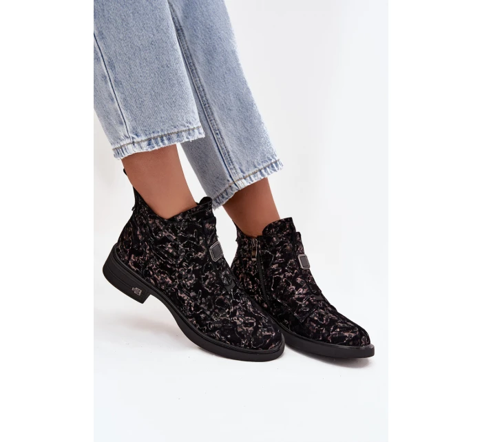 Botki Z Naturalnego Zamszu Na Niskim Obcasie D&A CR52-713 Czarno-Brązowe