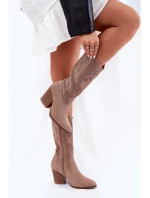 Dámske perforované čižmy v kovbojskom štýle so stĺpcovým podpätkom S.Barski - béžové, ekokoža Dámske perforované čižmy v kovbojskom štýle so stĺpcovým podpätkom S.Barski - béžové, ekokoža