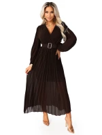 model 21787448 KLARA plisované elegantní midi šaty s páskem a výstřihem čokoládové - numoco basic
