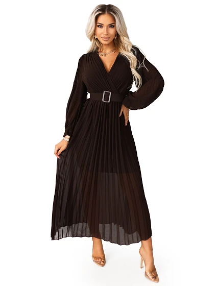 model 21787448 KLARA plisované elegantní midi šaty s páskem a výstřihem čokoládové - numoco basic