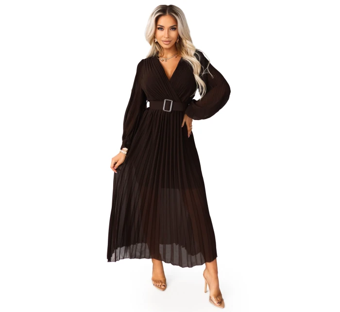 model 21787448 KLARA plisované elegantní midi šaty s páskem a výstřihem čokoládové - numoco basic