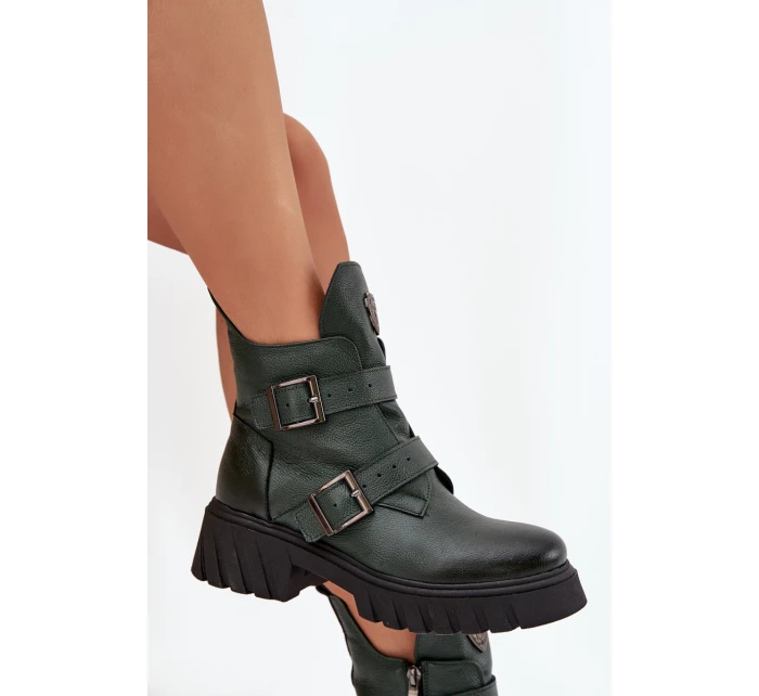 Skórzane Ocieplane Botki Damskie Z Klamrami I Ozdobnym Detalem Zazoo 60482 Ciemnozielone