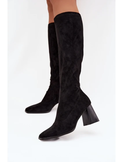 Kozaki Damskie Na Słupku Z Przeszyciami Czarne Celandine