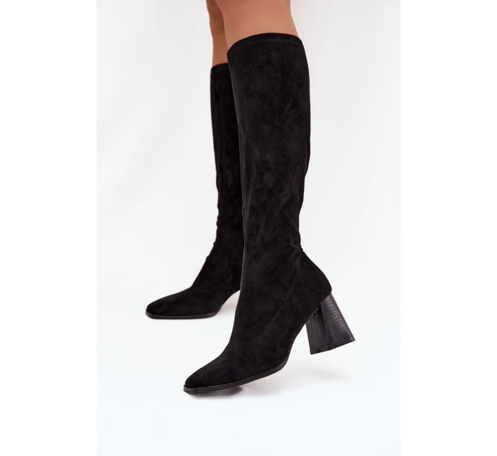 Kozaki Damskie Na Słupku Z Przeszyciami Czarne Celandine