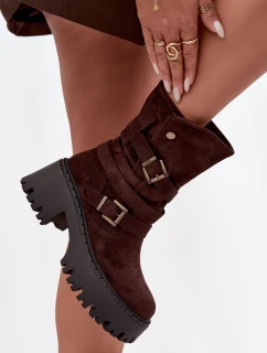 Dámske čižmy na pevnom podpätku s remienkami a prackami Nerelisa - čokoláda