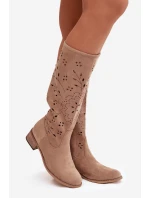 Dámske perforované čižmy na podpätku Helinna - khaki