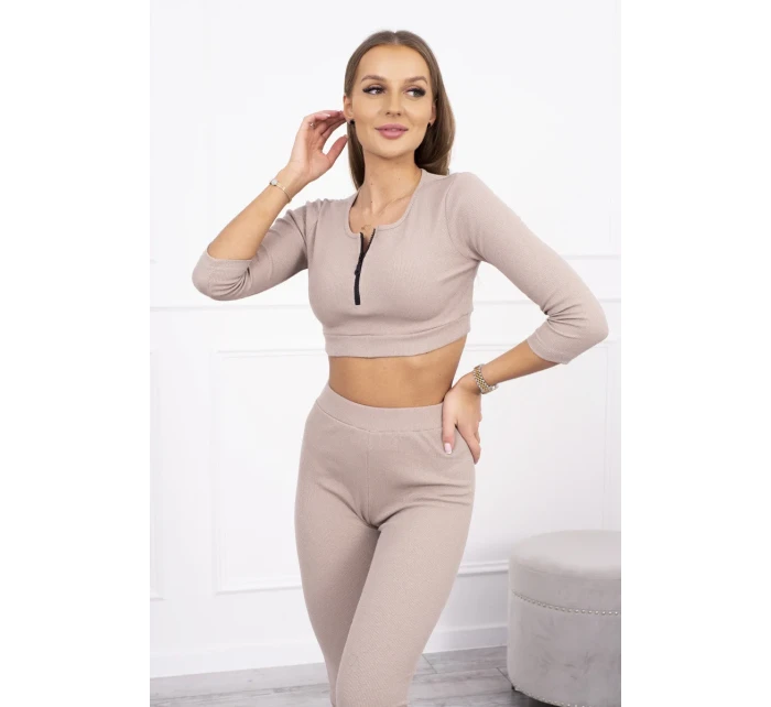 Pruhovaný komplet krátky top tmavo béžový