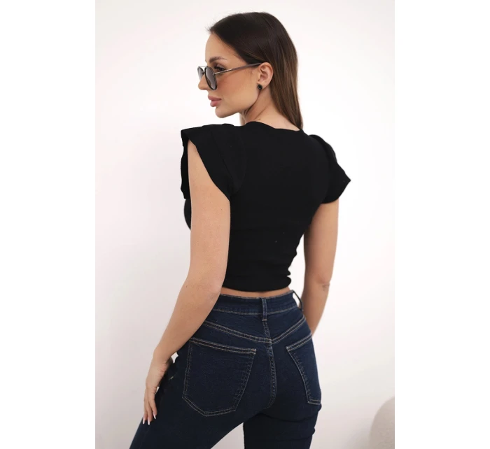Dámska rebrovaná blúzka na ramienka s volánom čierna