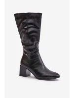 Ocieplnae Kozaki Na Słupku Eko Skórzane Do Połowy Łydki Czarne Ellithira