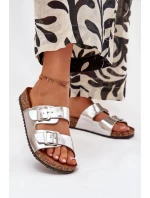 Dámske papuče na korkovej platforme s prackami - strieborné