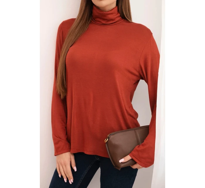 Dámska viskózna blúzka s rolákom a dlhými rukávmi hnedá