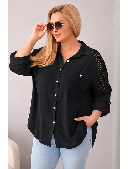 Dámská bavlněná košile Plus Size s límečkem a krajkovým vsadkou černá