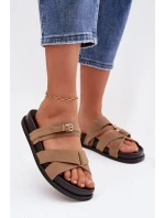 Dámské pantofle s pásky a zlatým přezkou tmavě béžové Selorina