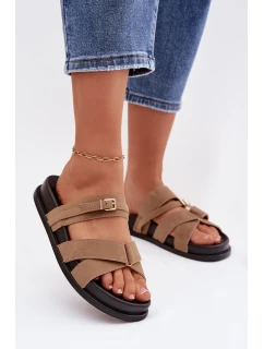 Dámské pantofle s pásky a zlatým přezkou tmavě béžové Selorina