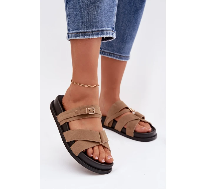 Dámské pantofle s pásky a zlatým přezkou tmavě béžové Selorina