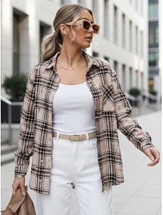 Dámska kockovaná košeľa DY0485 béžovo-čierna - FashionStreet