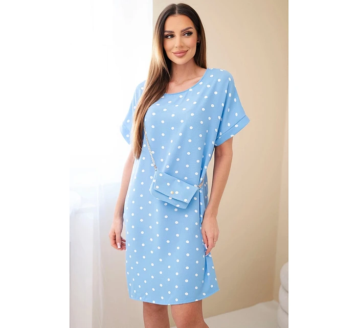 Dámske bodkované šaty s krátkymi rukávmi a kabelkou modré
