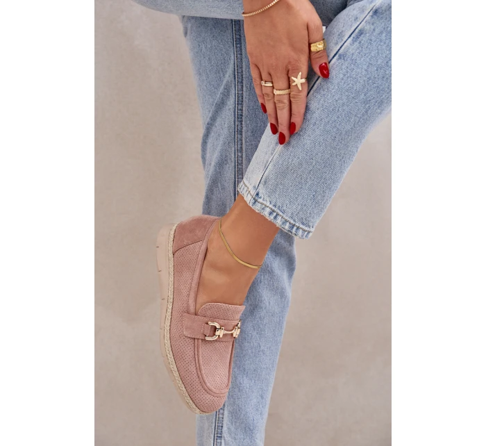 Ażurowe Mokasyny Ze Złotym Detalem I Jutową Plecionką Różowe Lainer