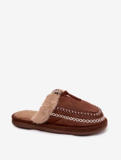 Dámske domáce papuče s kožušinou a výšivkou - hnedé Perivelle