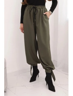 Dámske nohavice so širokými nohavicami a khaki viazaním v spodnej časti