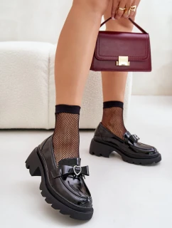 Skórzane Damskie Mokasyny Z Kokardką I Sercem D&A LZ42-032 Czarne