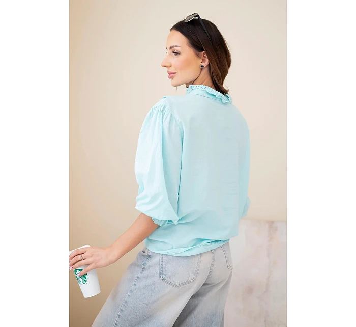 Dámská bavlněná košile s krajkou a zavazováním mentolová