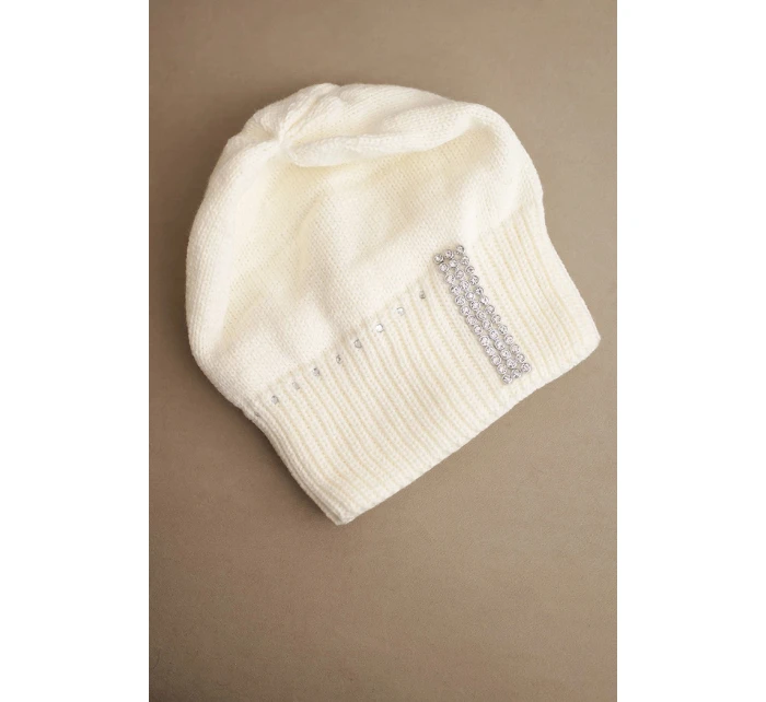 Dámská zimní čepice vlněná s krystaly model 21750390 ecru - K-Fashion