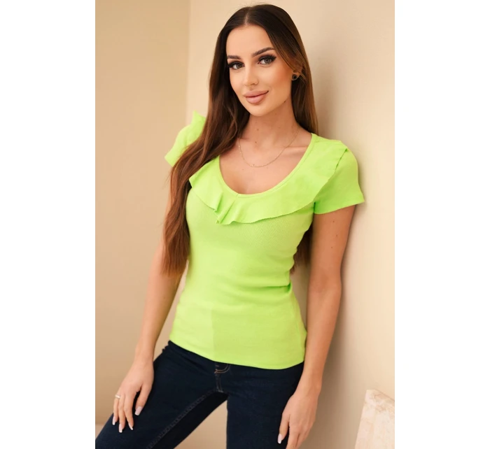 Dámska pruhovaná blúzka s volánom vo výstrihu zelená Dámska pruhovaná blúzka s volánom vo výstrihu zelená