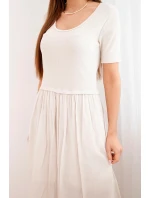 Dámské bavlněné midi šaty s krátkým rukávem a rozšířeným spodkem béžová