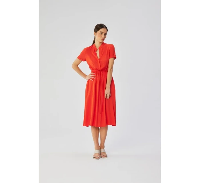 S366 Viskózové šaty so šnúrkou v páse - koralové