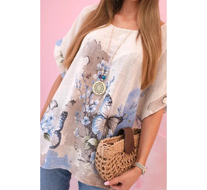 Dámská bavlněná košile s model 22020953 a květinami béžový - K-Fashion