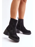 Eko Zamszowe Damskie Botki Na Słupku Ocieplane Czarne Meriluna