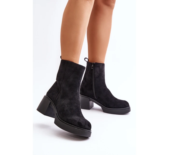 Eko Zamszowe Damskie Botki Na Słupku Ocieplane Czarne Meriluna