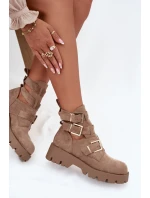 Botki Damskie Z Paskami I Złotymi Klamrami Beżowe Helisse Botki Damskie Z Paskami I Złotymi Klamrami Beżowe Helisse