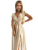 CRYSTAL - Dlhé zlaté saténové šaty s výstrihom 411-7