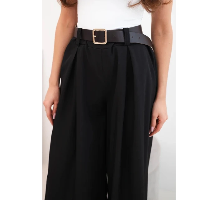 Dámske široké nohavice s opaskom čierne