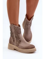 Zazoo 3470 Zamszowe Botki Damskie Na Płaskim Obcasie Ażurowe Cappuccino