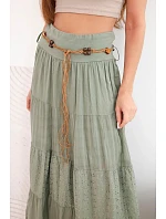 Dámska maxi bavlnená sukňa s čipkovou výšivkou a elastickým pásom khaki