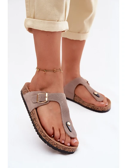 Kožené semišové žabky s zlatou sponou tmavě béžové Honey