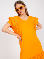 Oranžové šaty s volánom a aplikáciami na rukávoch