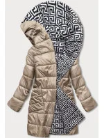 Béžovo-biela preložená obálková dámska bunda s kapucňou (B8040-12026) Béžovo-biela preložená obálková dámska bunda s kapucňou (B8040-12026)