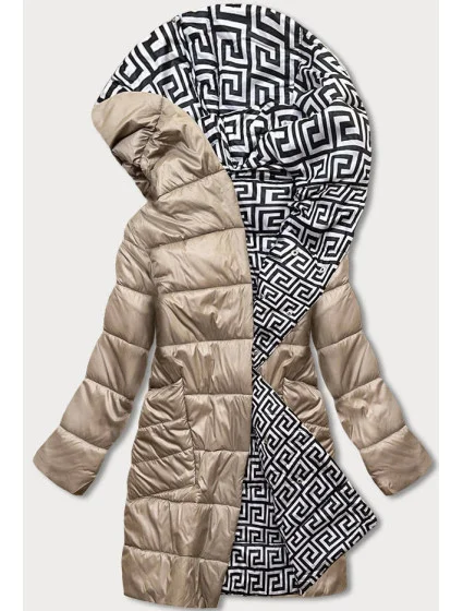Béžovo-biela preložená obálková dámska bunda s kapucňou (B8040-12026) Béžovo-biela preložená obálková dámska bunda s kapucňou (B8040-12026)