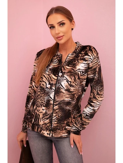 Dámska mikina so zvieracou potlačou a zipsom béžová