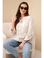 Dámská model 22148018 halenka s květinovým vzorem, dlouhým rukávem a knoflíky tmavě béžová - K-Fashion