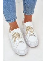 Sneakersy Damskie Na Platformie Z Ozdobami Biało-Złote Lerissna