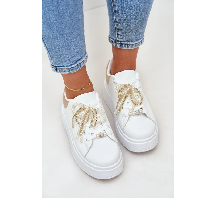 Sneakersy Damskie Na Platformie Z Ozdobami Biało-Złote Lerissna