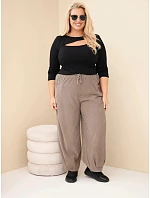 Dámské kalhoty bavlněné Plus Size manšestrové s gumou v pase a kapsami fango zelená